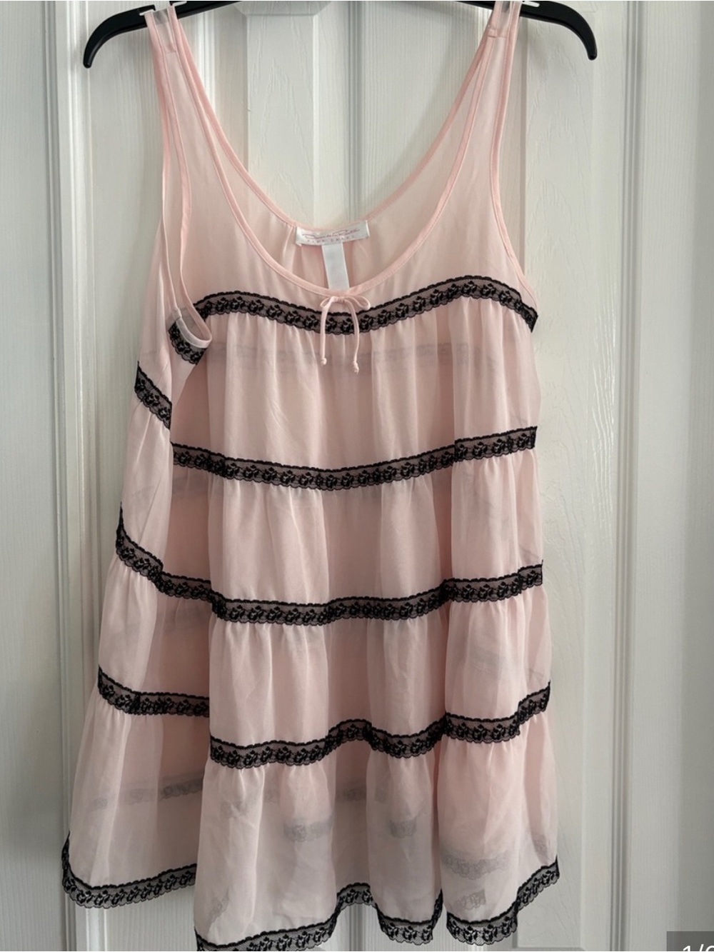 Oscar De La Renta Pink Label Sexy Sheer slip Chemise tiered black lace trim